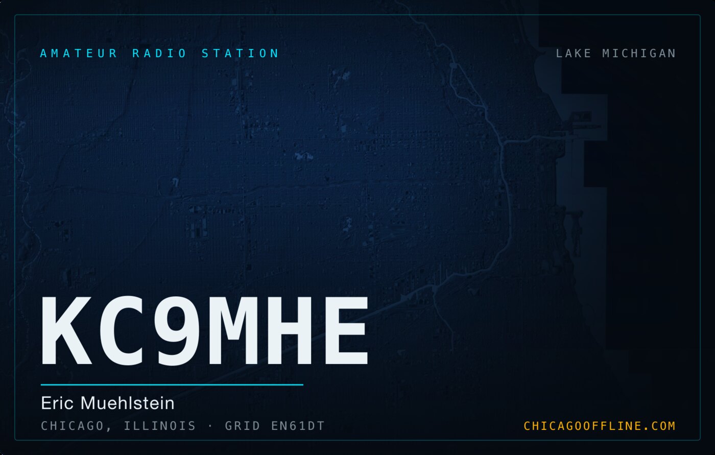 KC9MHE QSL card, front: Chicago rendered from Cook County LiDAR elevation data, with the callsign and grid EN61dt